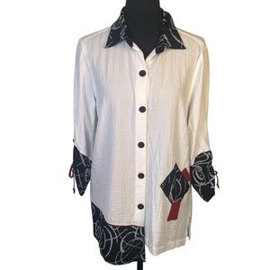 Ali Miles Womens 3/4 Ruched Sleeve Button Up Puckered Fabric Top Sz S White Red